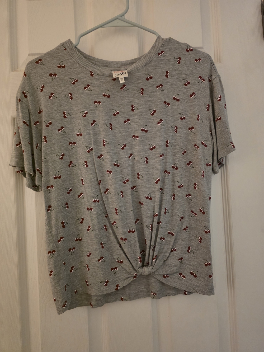 Belle Du Jour Gray Tee with Red Cherry Print and Front Knot